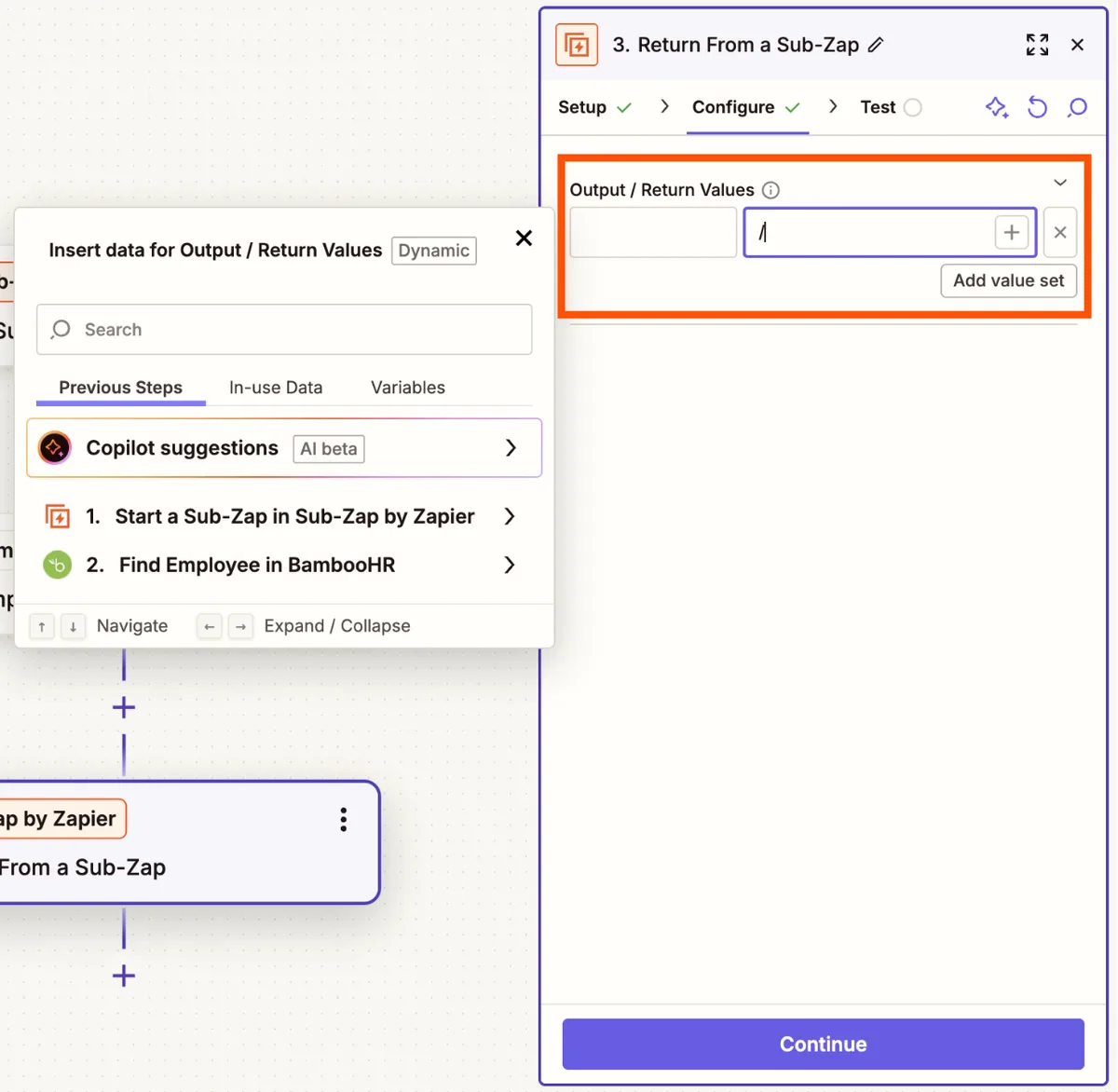 Zapier zap setup interface